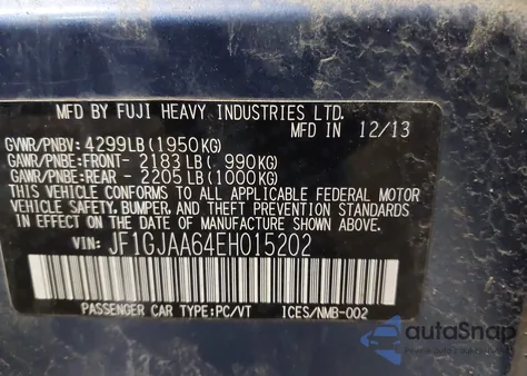 2014 Subaru Impreza 2.0I z USA, uszkodzony, nr VIN JF1GJAA64EH015202